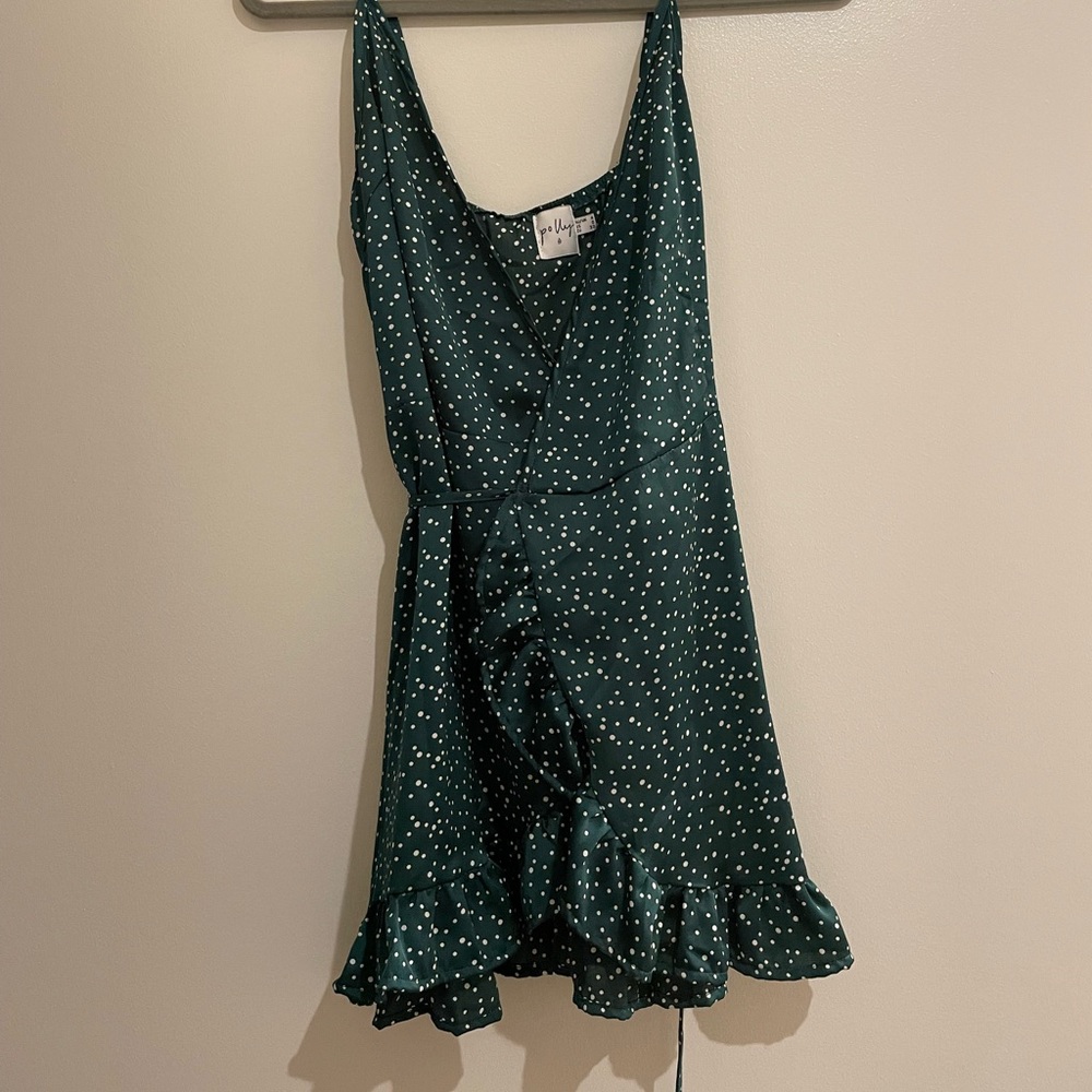 Princess Polly wrap green white polka dot dress
